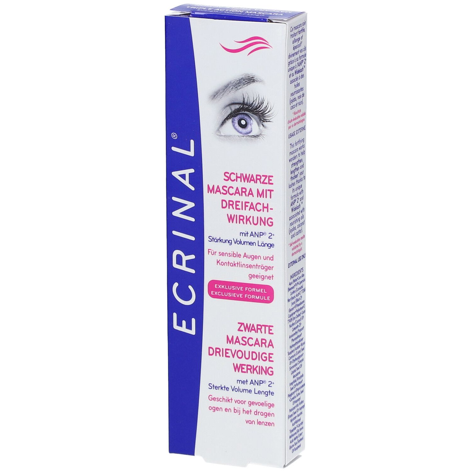 Mascara noir ®Ecrinal, triple action, emballage. Texte: ANP® 2+ et Force Volume Longueur. Pour yeux sensibles.