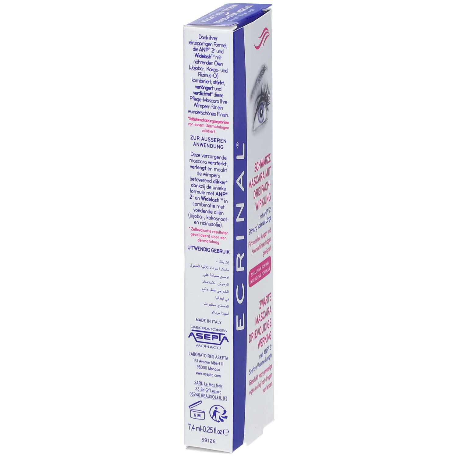 Emballage mascara ®Ecrinal, dos. Texte: ANP® 2+ et Widelash. Pour usage externe. Ingrédients et volume.