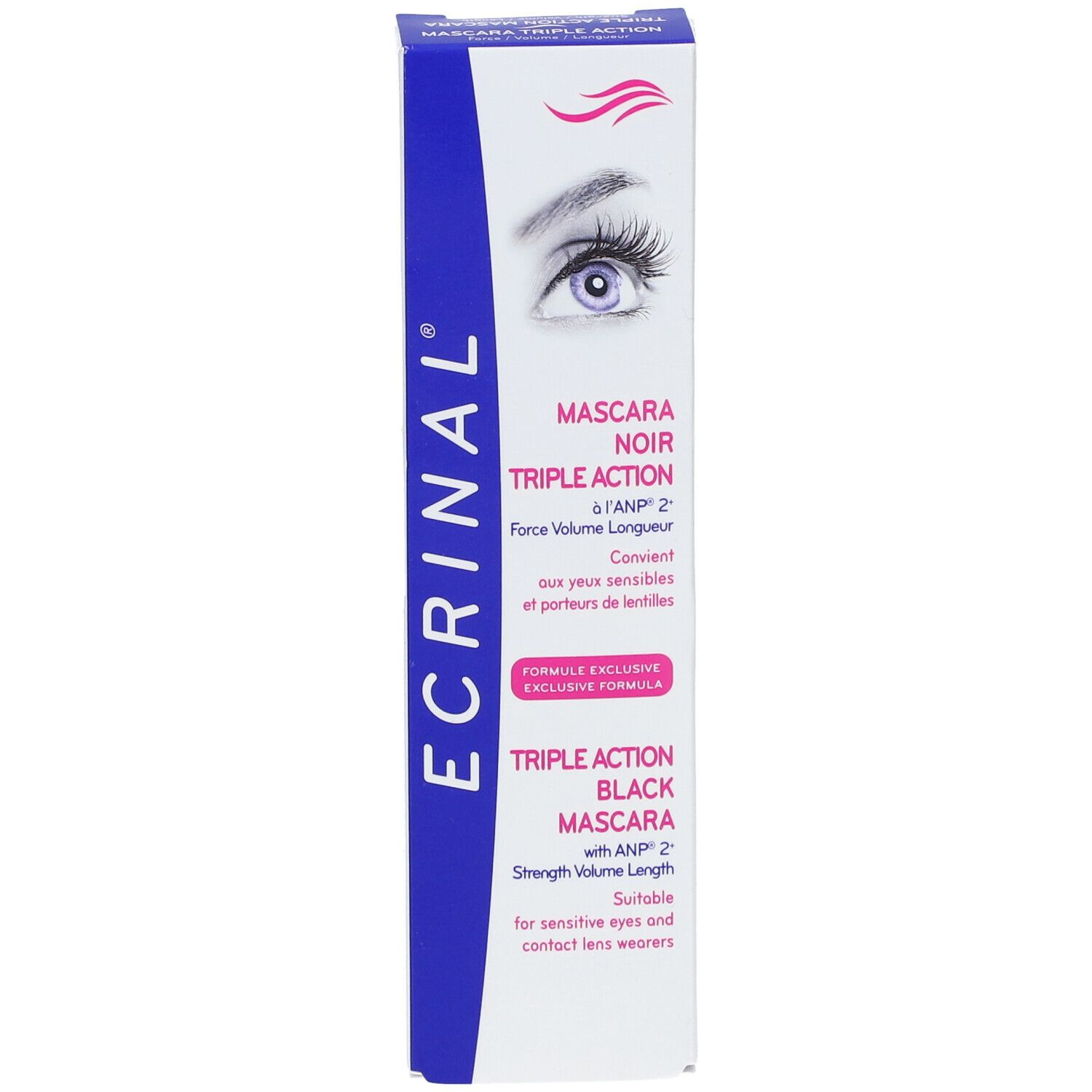 Mascara noir ®Ecrinal, triple action, emballage. Contient ANP® 2+. Convient aux yeux sensibles et porteurs de lentilles.