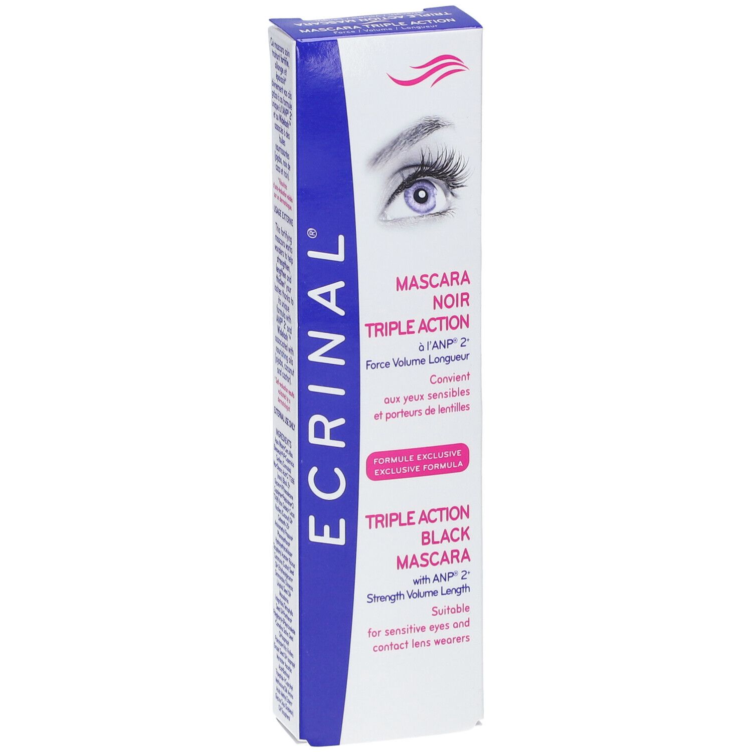 Mascara noir ®Ecrinal, triple action, emballage. Contient ANP® 2+. Convient aux yeux sensibles et porteurs de lentilles.