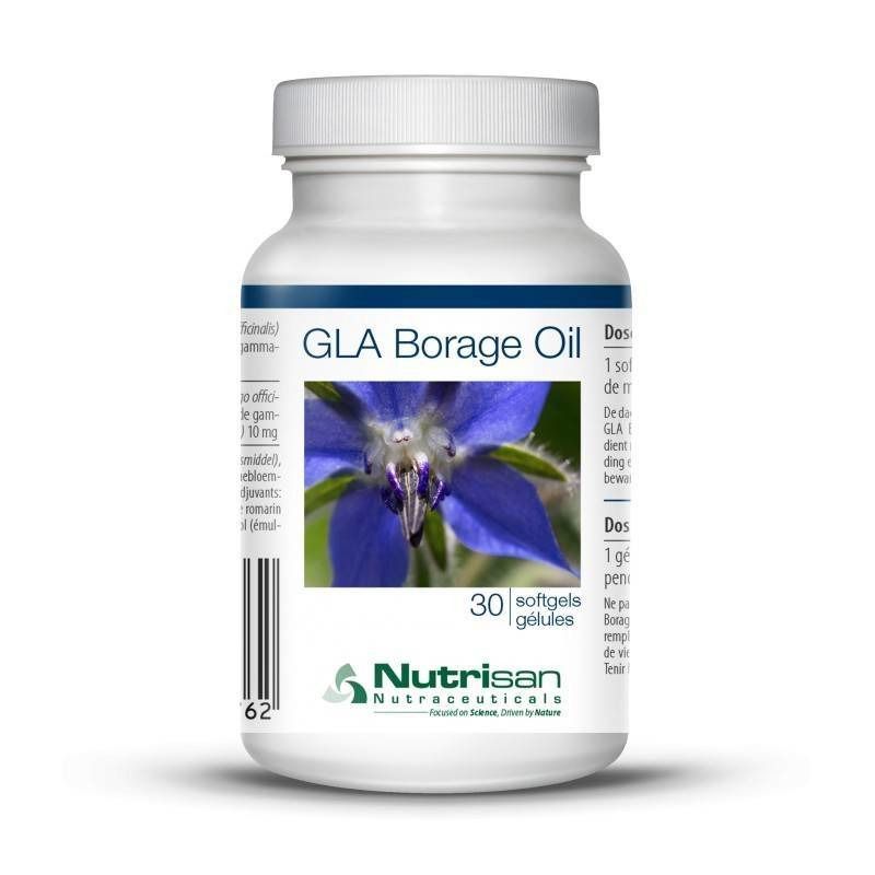 Flacon blanc de GLA Borage Oil. Image d'une fleur bleue. 30 gélules. Marque Nutrisan.