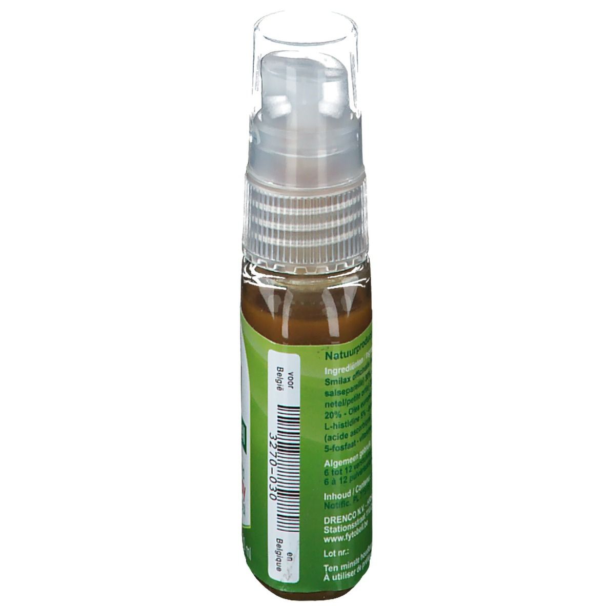 Fytobell Smilabell spray buccal. Dos du flacon avec ingrédients et code-barres. Étiquette verte.