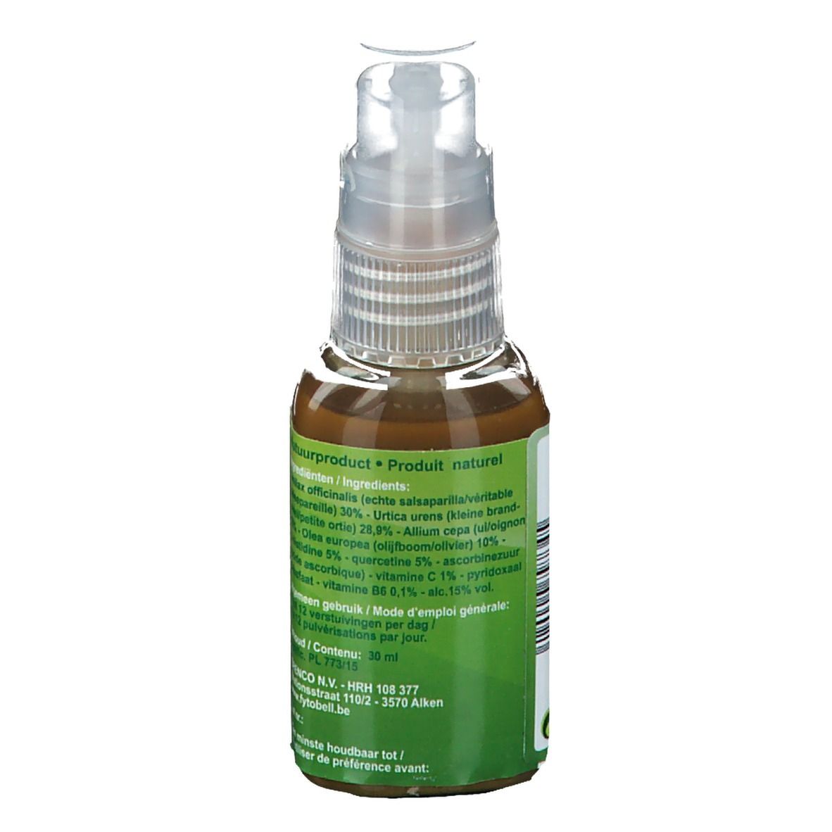 Fytobell Smilabell spray buccal. Dos du flacon avec ingrédients. Étiquette verte.