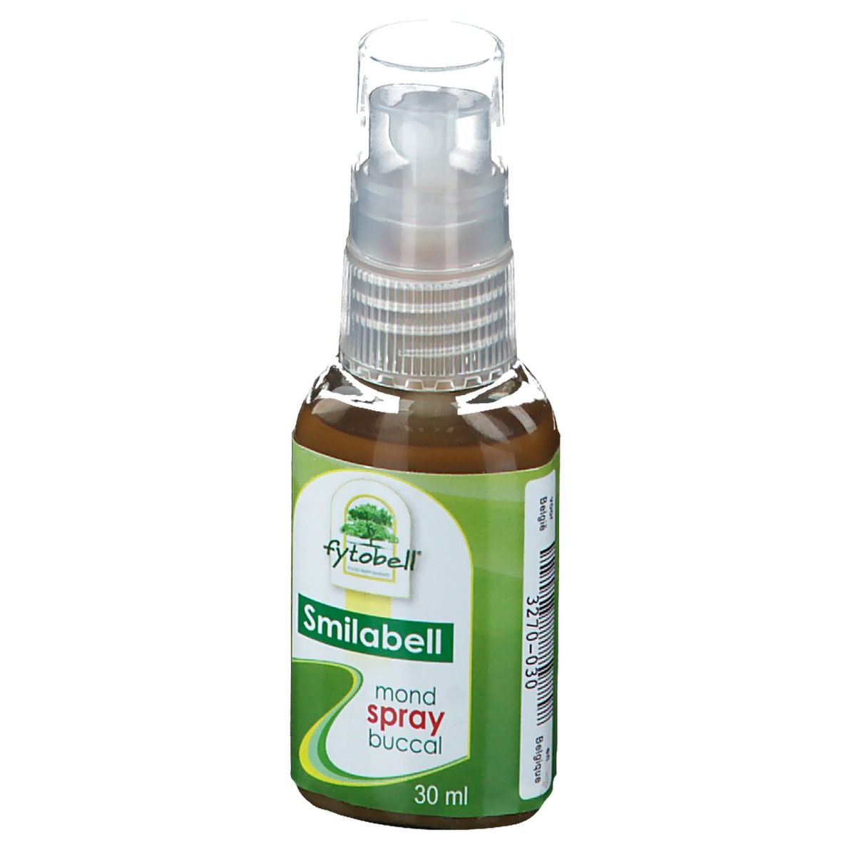 Fytobell Smilabell spray buccal. Liquide brun en flacon pulvérisateur avec étiquette verte. 30 ml.