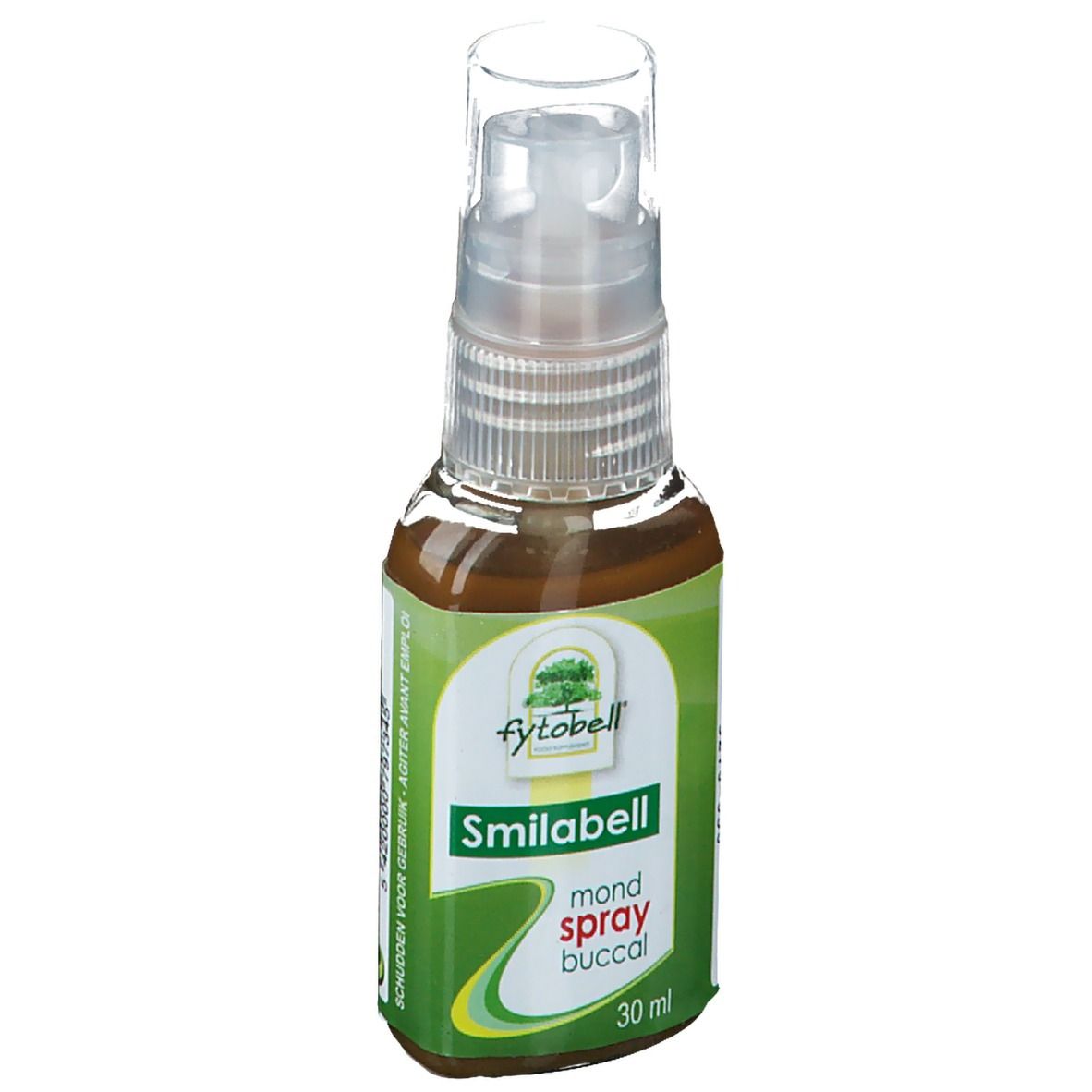 Fytobell Smilabell spray buccal. Flacon pulvérisateur avec étiquette verte. 30 ml. Inscription: Agiter avant emploi.