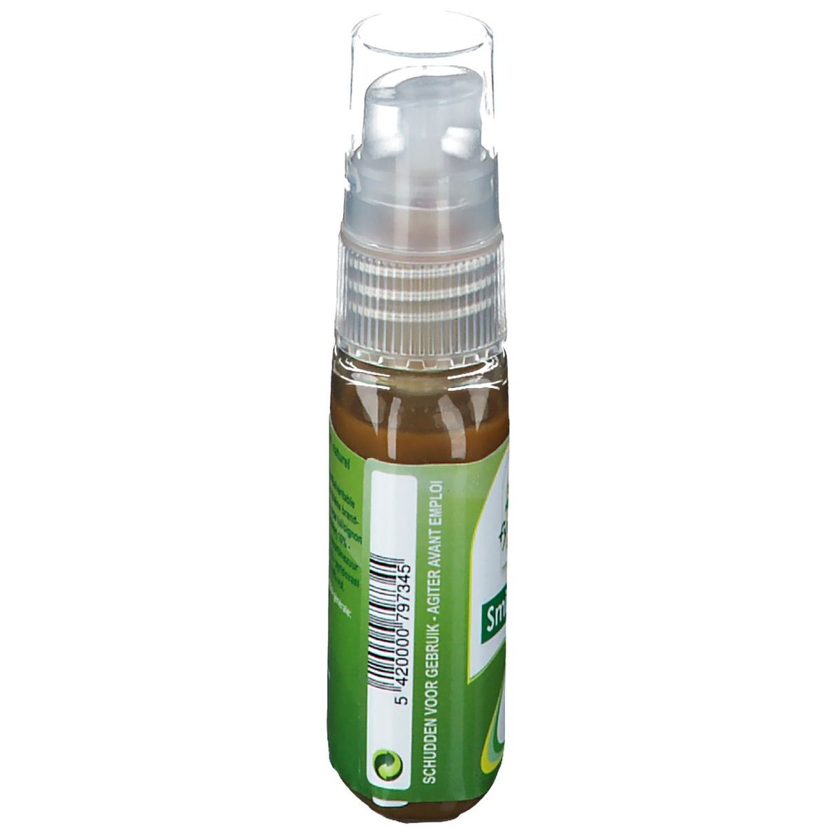 Fytobell Smilabell spray buccal. Flacon avec code-barres et éco-labels verts. Inscription: Agiter avant emploi.