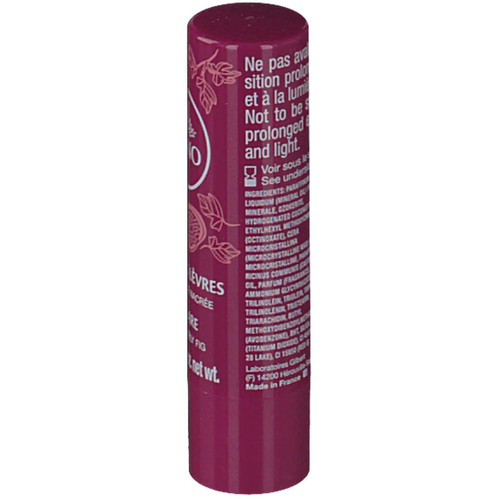 Dos du stick de soin des lèvres magenta. Ingrédients et avertissements en français et anglais.