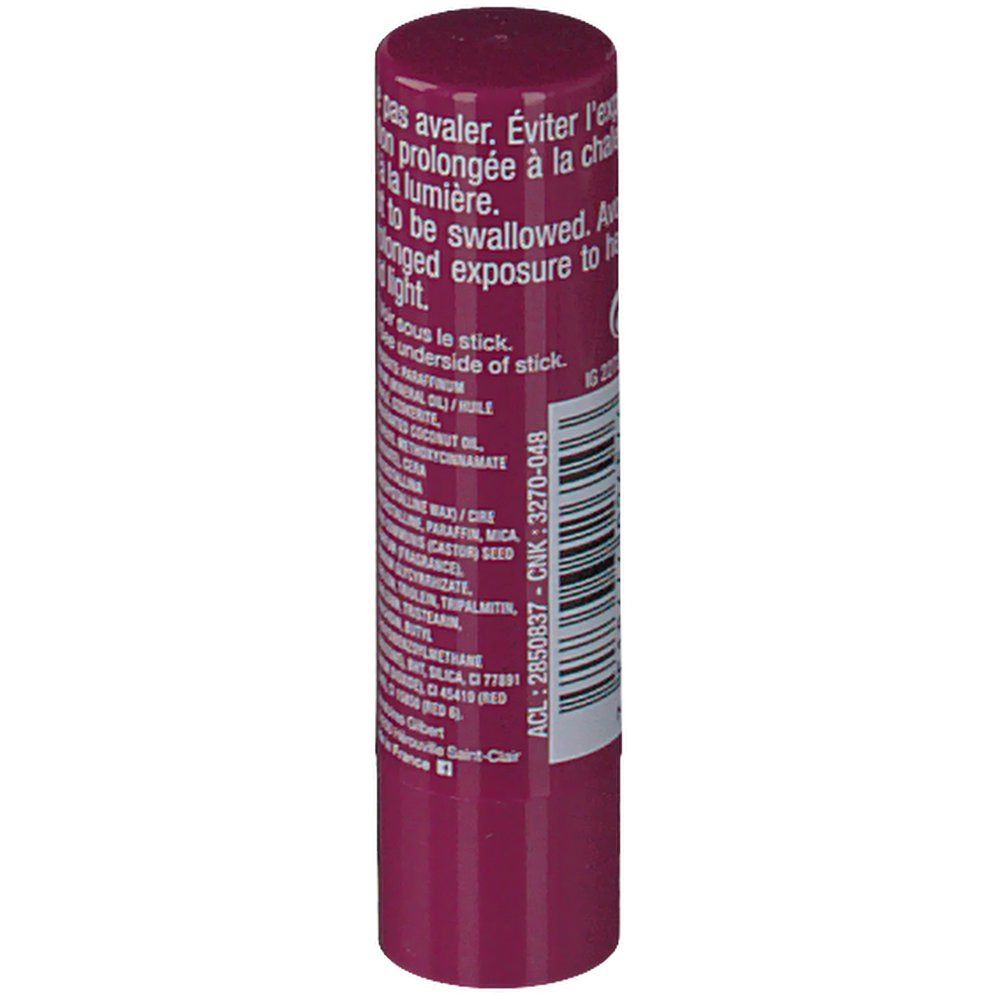 Dos du stick de soin des lèvres magenta. Ingrédients, avertissements et code-barres.