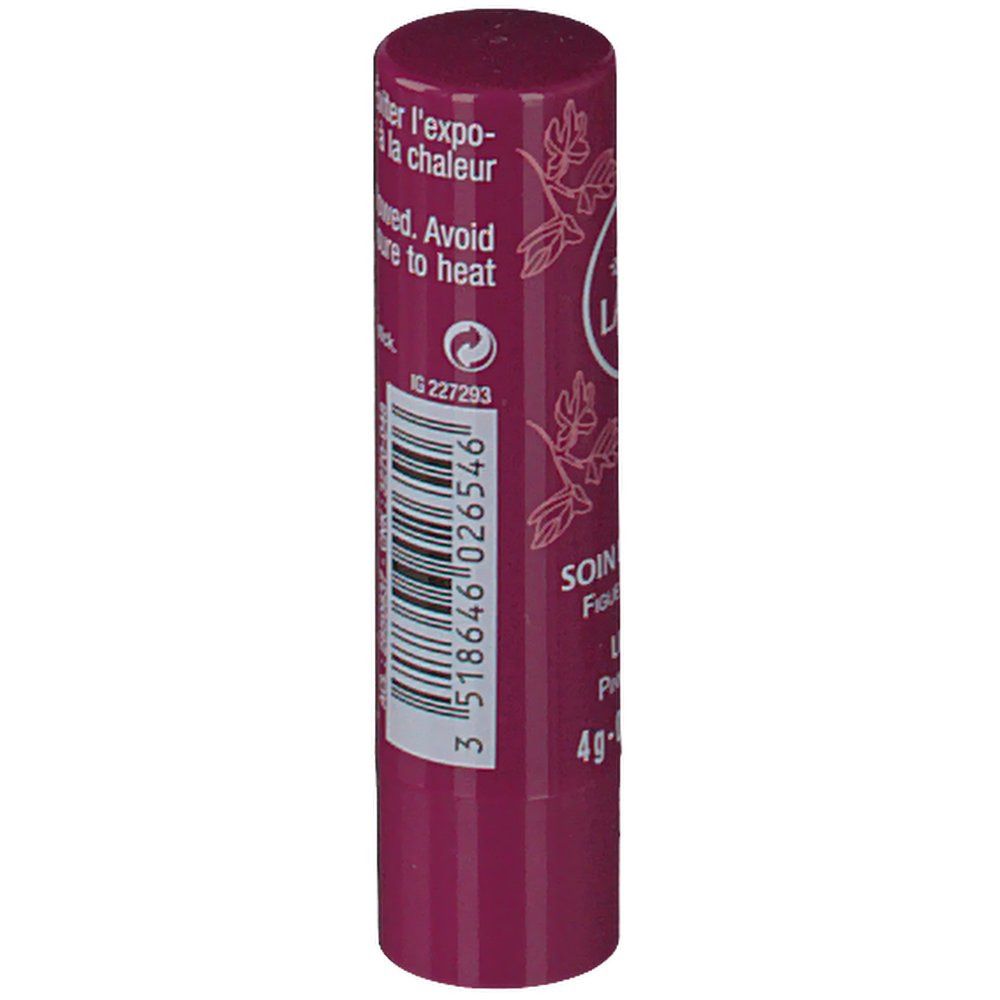 Côté du stick de soin des lèvres magenta. Code-barres, avertissement et poids net 4g.
