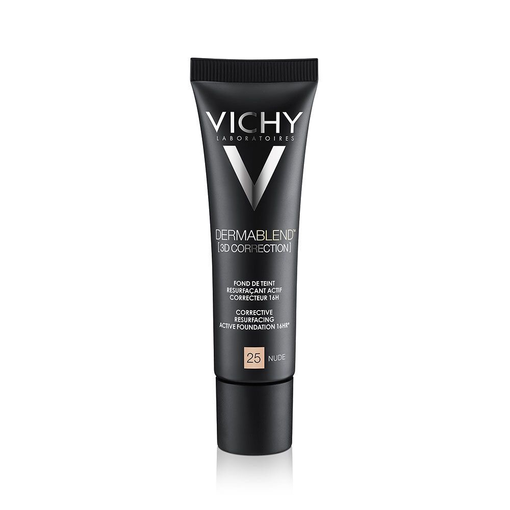 Vichy Dermablend 3D Correction Nr. 25 Nude. Tube noire avec bouchon noir. Nom du produit et indication de la teinte.