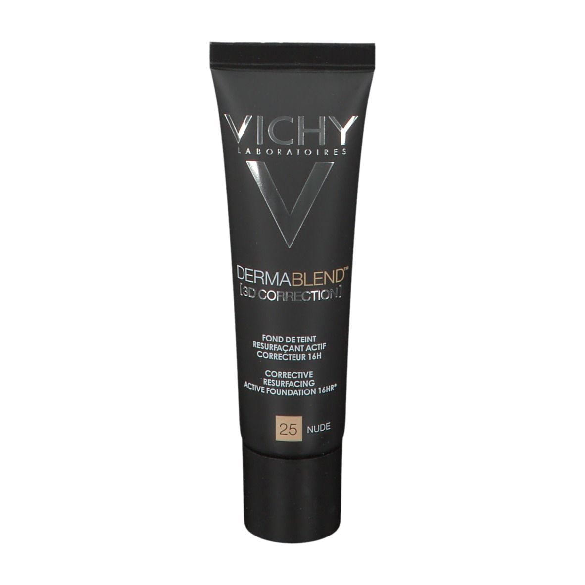 Vichy Dermablend 3D Correction Nr. 25 Nude. Tube noir avec informations sur le produit. Indication de la teinte.
