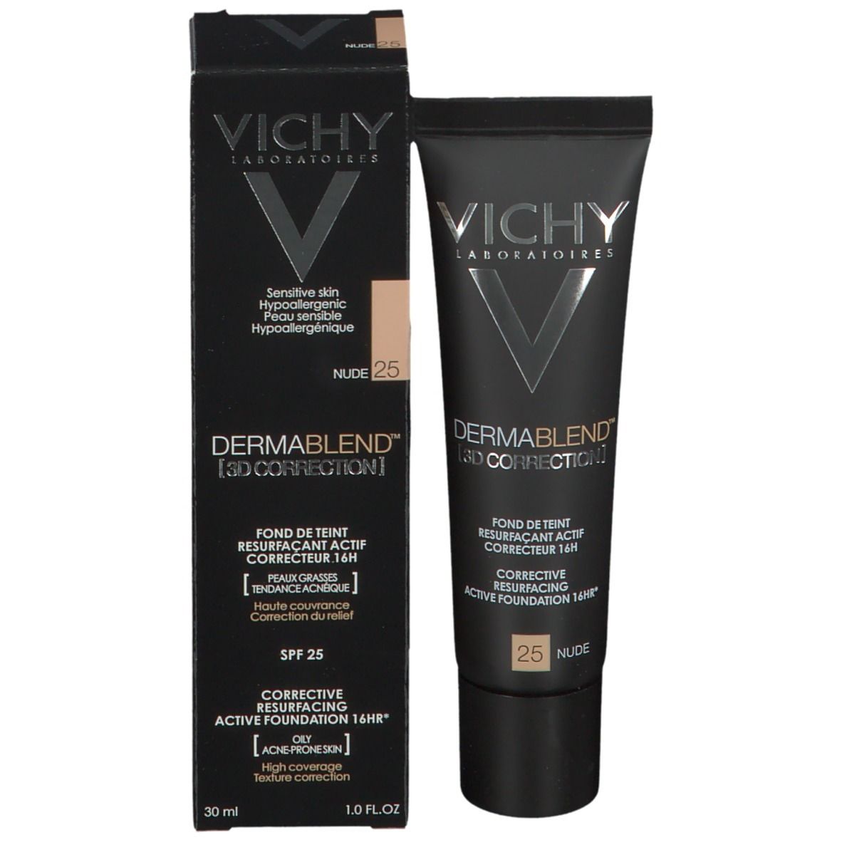 Vichy Dermablend 3D Correction Nr. 25 Nude et emballage. Produit et emballage côte à côte.