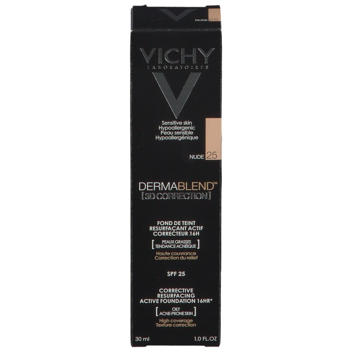 Vichy Dermablend 3D Correction Nr. 25 Nude. Emballage avec informations sur le produit et indication de la teinte.