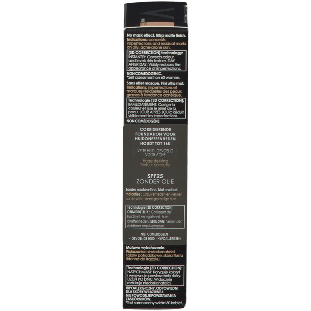 Dos de l'emballage Vichy Dermablend 3D Correction. Informations sur le produit et ingrédients.