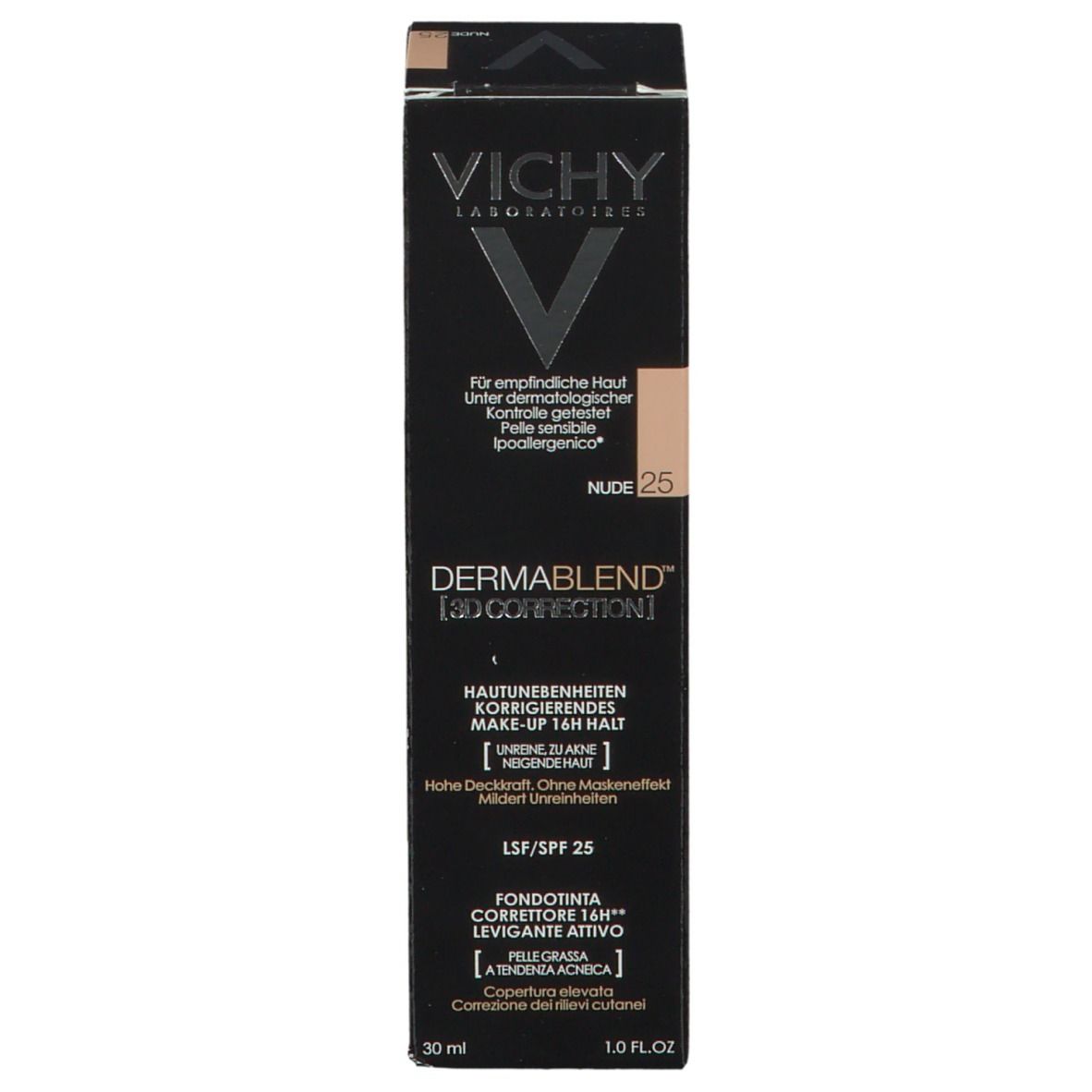 Emballage Vichy Dermablend 3D Correction. Informations sur le produit et ingrédients. Texte.