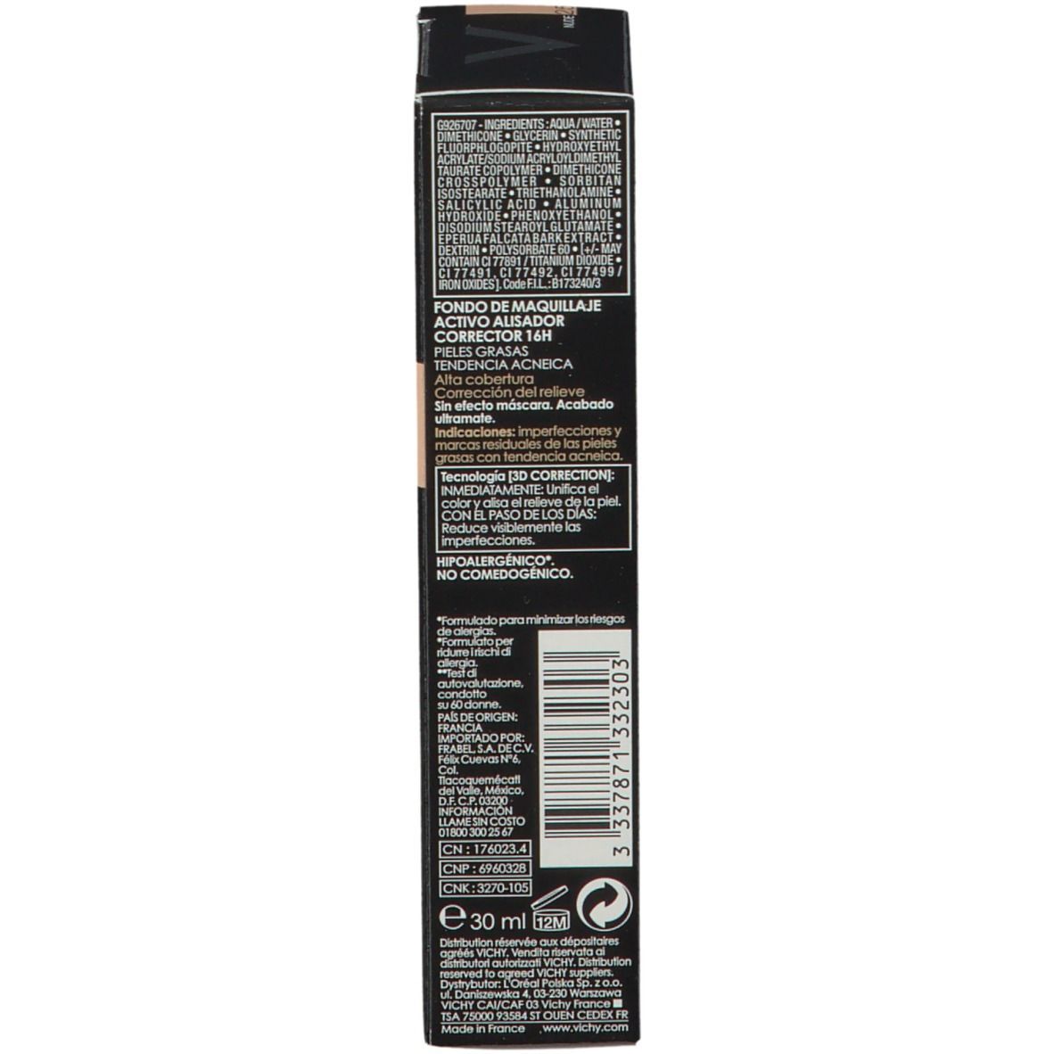 Emballage Vichy Dermablend 3D Correction. Informations sur le produit et ingrédients. Texte.