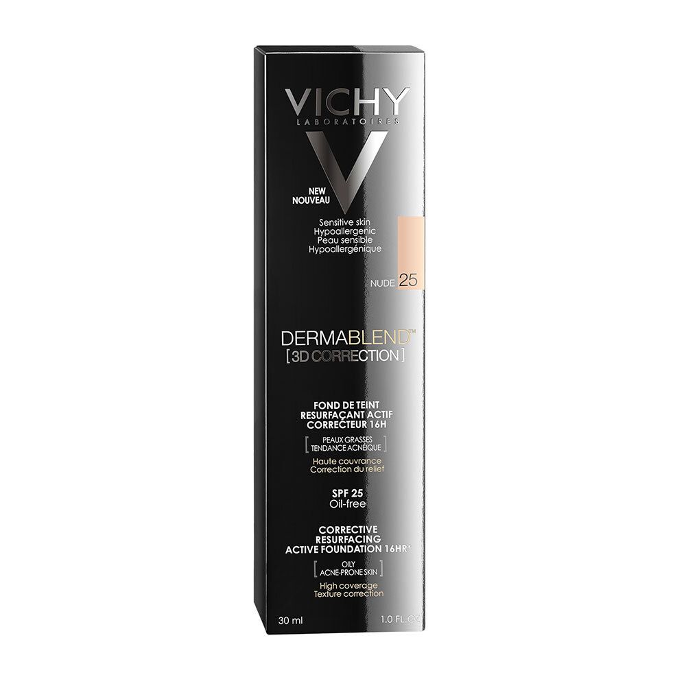 Vichy Dermablend 3D Correction Nr. 25 Nude. Emballage noir avec image du produit et texte. Indication de la teinte.
