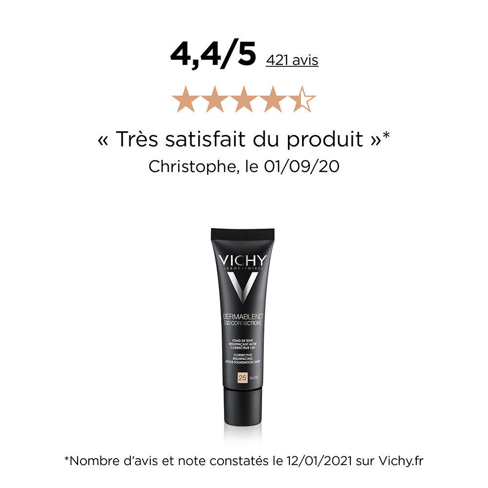 Vichy Dermablend 3D Correction Nr. 25 Nude. Produit avec évaluation et citation. Tube noir.