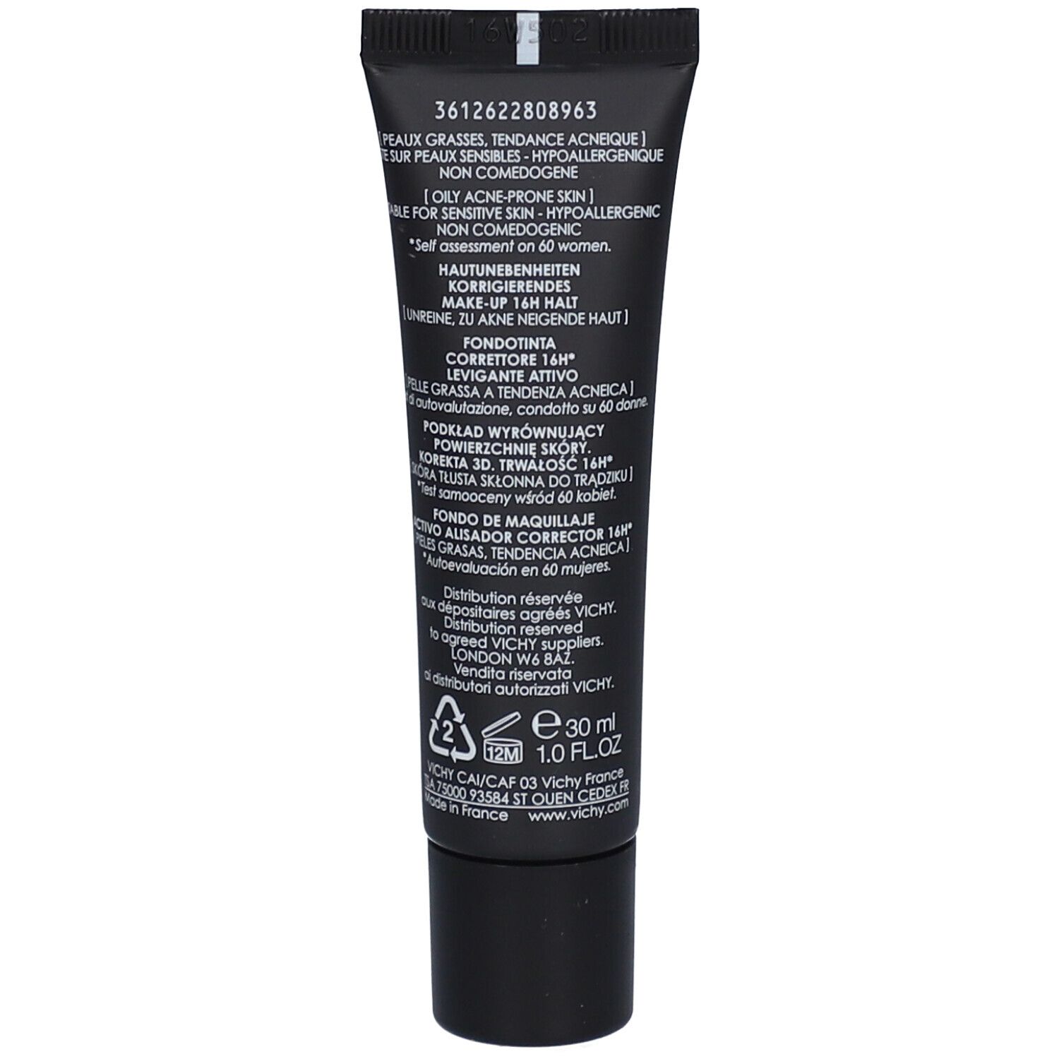 Achterkant van de tube Vichy Dermablend 3D Correction. Tekst: Vette, acne-gevoelige huid, niet comedogeen.