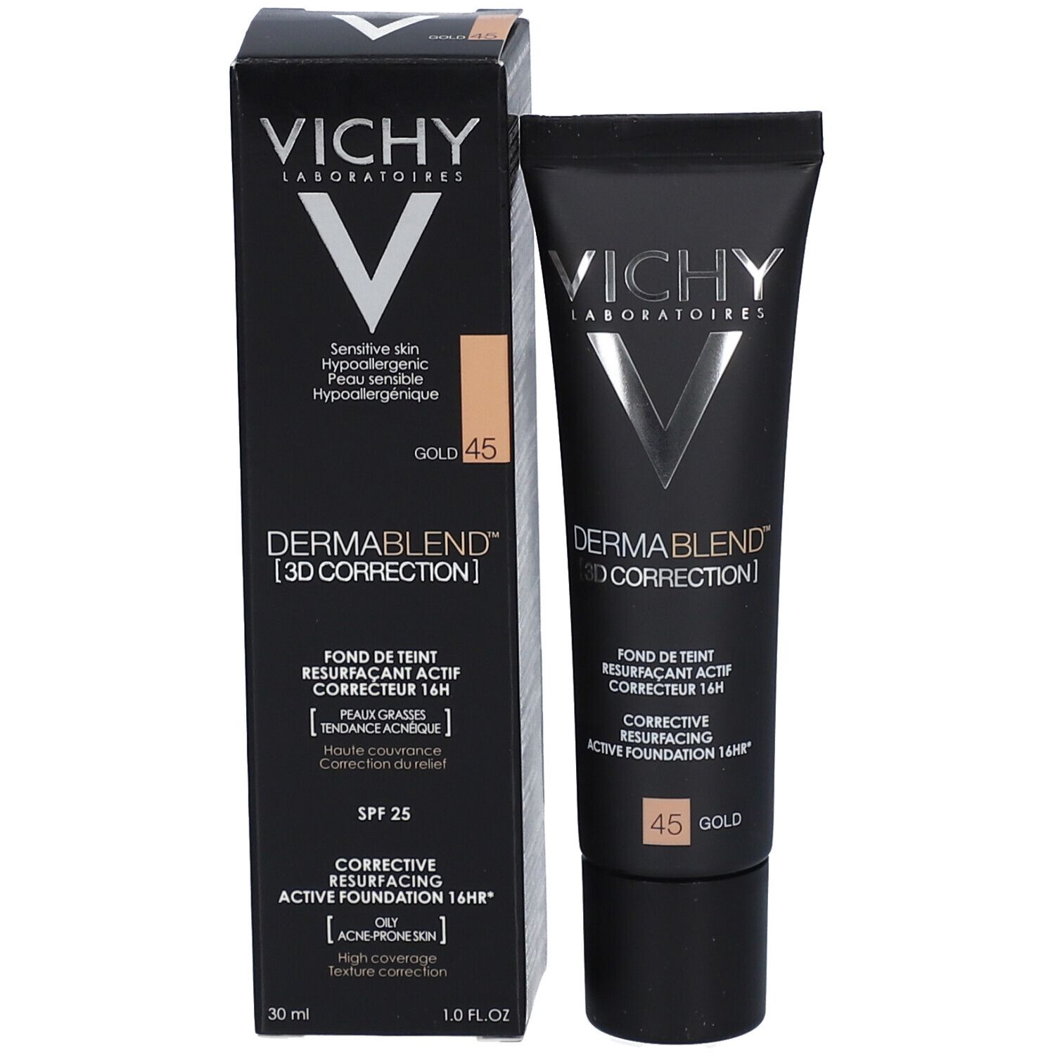 Zwarte verpakking Vichy Dermablend 3D Correction 45 Gold. Tekst: Vichy, Dermablend, SPF 25, gevoelige huid.