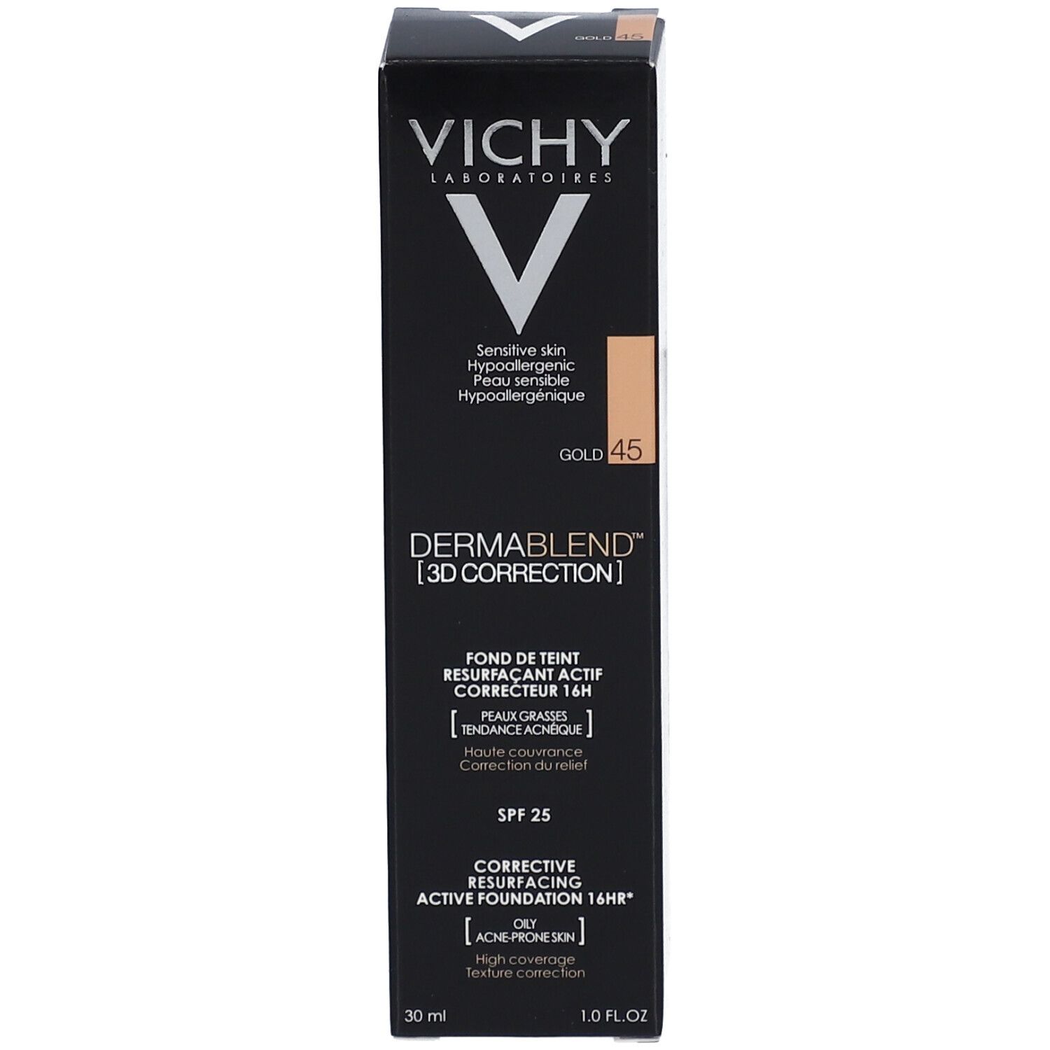 Zwarte verpakking Vichy Dermablend 3D Correction 45 Gold. Tekst: Vichy, Dermablend, SPF 25, gevoelige huid.