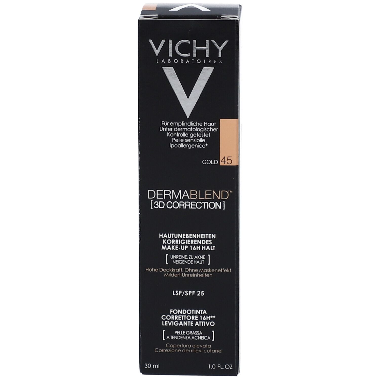Verpakking Vichy Dermablend 3D Correction. Tekst: Gevoelige huid, SPF 25, niet comedogeen.