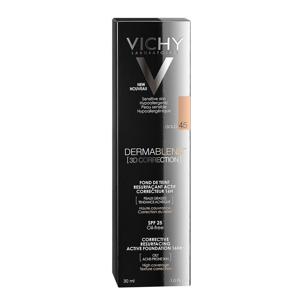 Zwarte verpakking Vichy Dermablend 3D Correction 45 Gold. Tekst: Vichy, Dermablend, SPF 25, gevoelige huid.