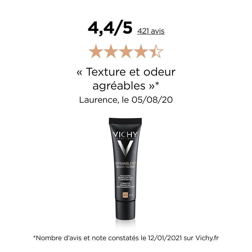 Tube Vichy Dermablend 3D Correction 45 Gold. Beoordeling: 4,4/5 sterren. Tekst: Texture et odeur agréables.