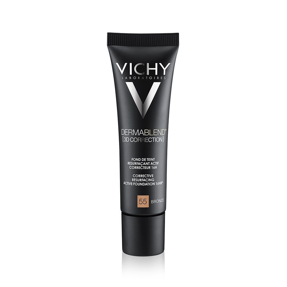 Vichy Dermablend 3D Correction Nr. 55 Bronze. Tube noire avec applicateur. Nom du produit et teinte imprimés.