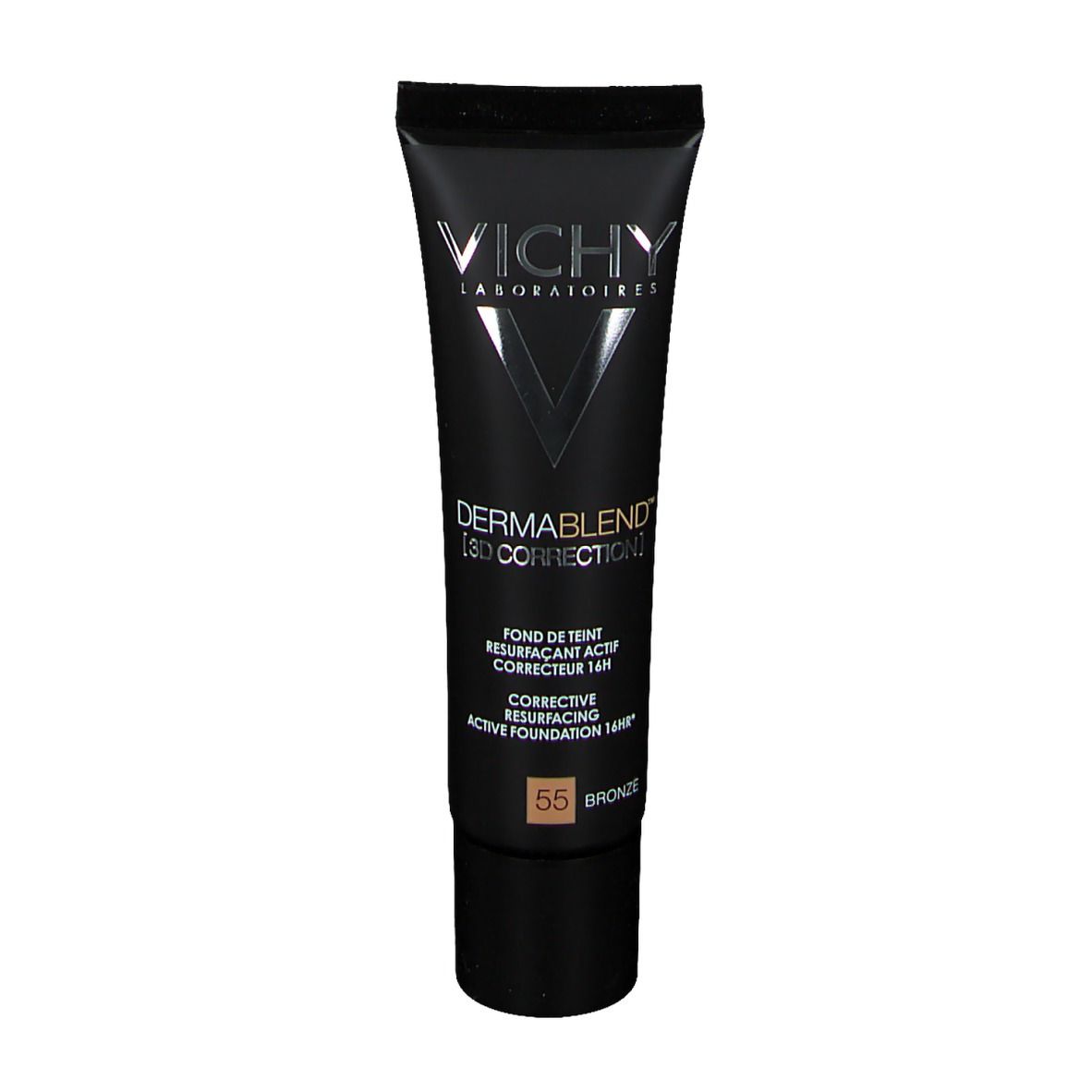 Vichy Dermablend 3D Correction Nr. 55 Bronze. Tube noir avec informations produit. Nom et teinte.
