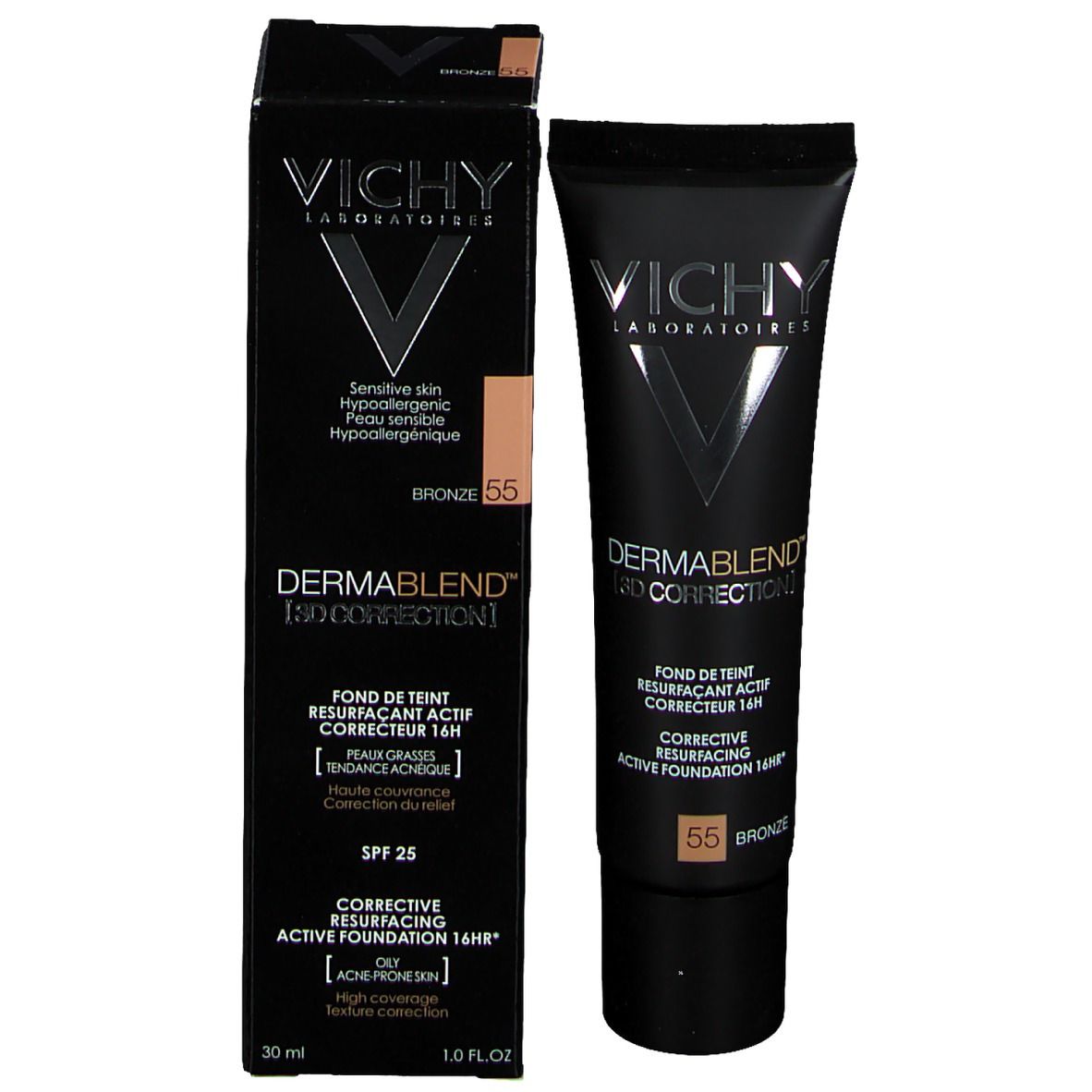 Vichy Dermablend 3D Correction Nr. 55 Bronze. Produit et emballage. Emballage noir avec informations.