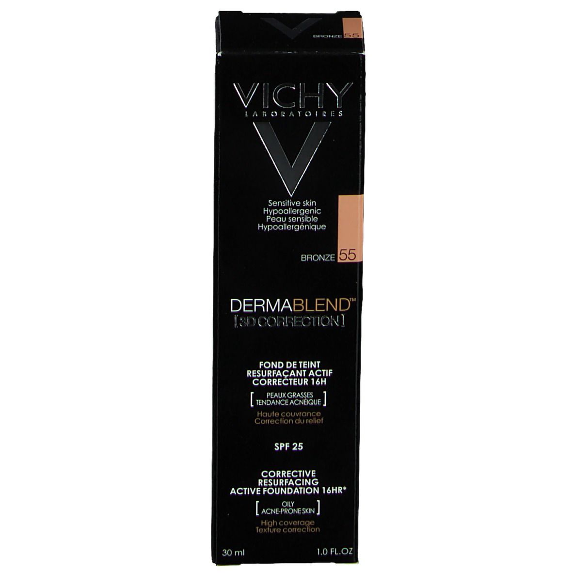 Vichy Dermablend 3D Correction Nr. 55 Bronze. Emballage. Nom du produit, teinte et informations.