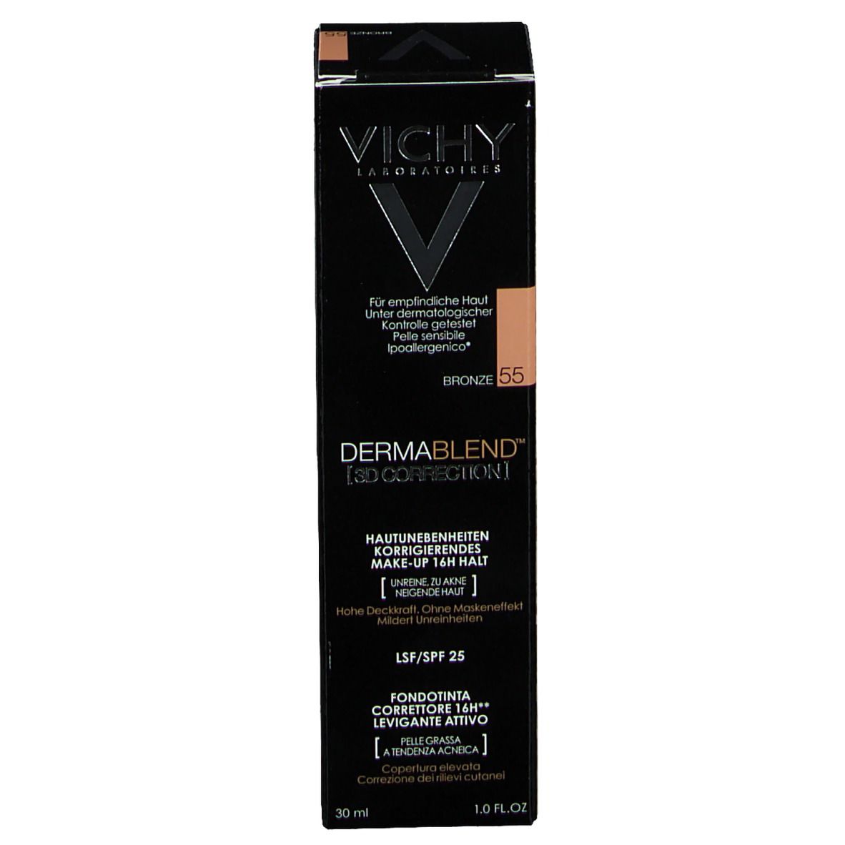 Vichy Dermablend 3D Correction Nr. 55 Bronze. Emballage. Nom, teinte et informations produit.
