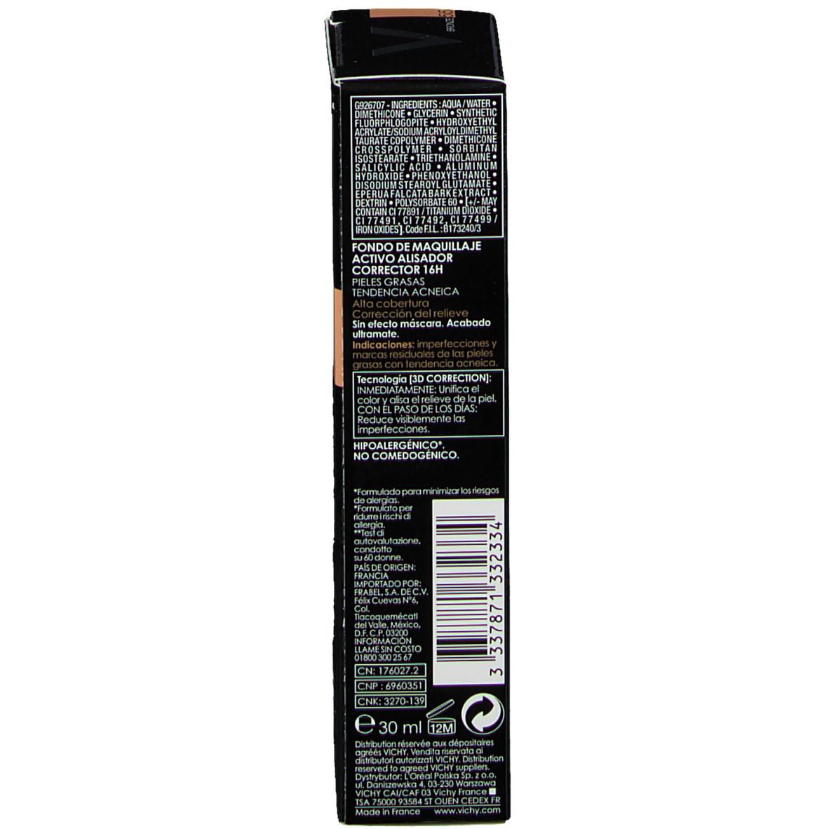 Dos de l'emballage Vichy Dermablend 3D Correction Nr. 55 Bronze. Informations et ingrédients.
