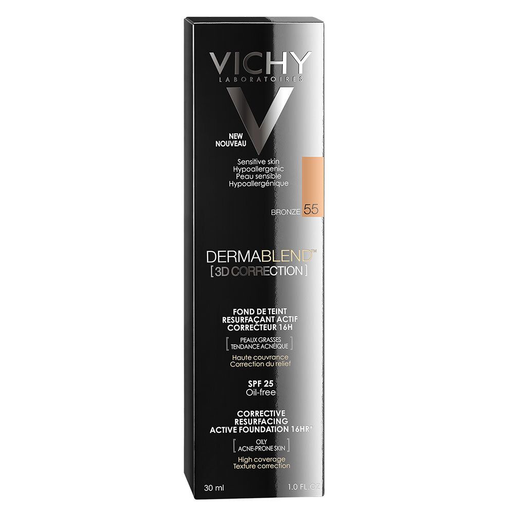 Vichy Dermablend 3D Correction Nr. 55 Bronze. Emballage noir avec informations produit et exemple de teinte.