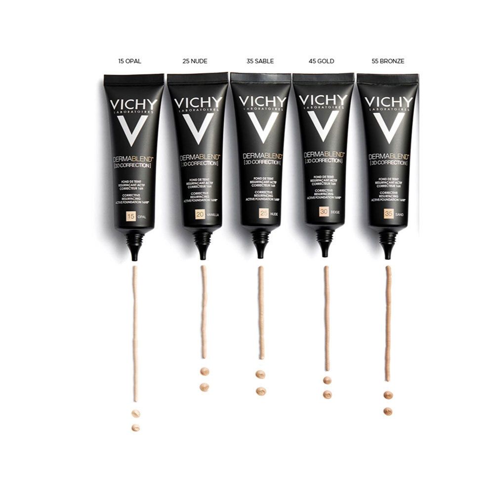 Cinq tubes Vichy Dermablend 3D Correction. Teintes : 15 Opal, 25 Nude, 35 Sable, 45 Gold, 55 Bronze. Nom du produit visible.