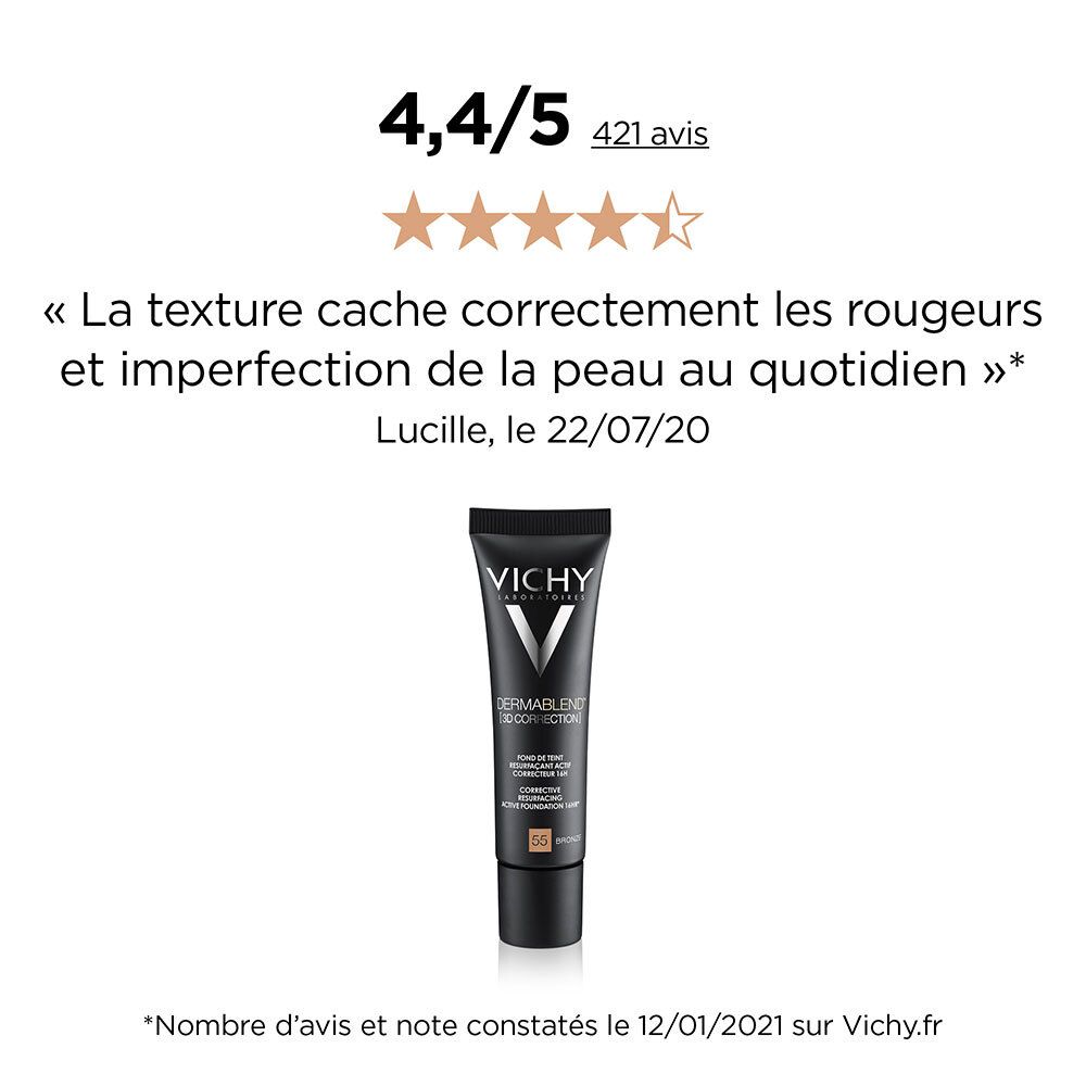 Vichy Dermablend 3D Correction Nr. 55 Bronze. Produit avec avis client et citation. Tube noir.