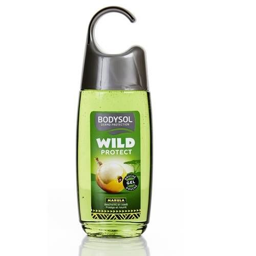 Flacon de gel douche vert avec crochet. Texte : BODYSOL WILD PROTECT MARULA. Illustration d'un fruit.