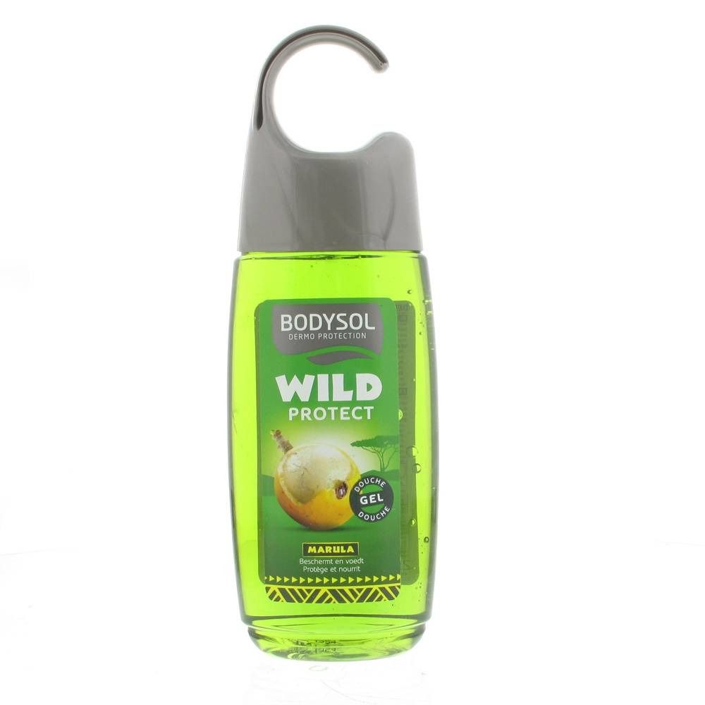 Flacon de gel douche vert avec crochet. Texte : BODYSOL WILD PROTECT MARULA. Illustration d'un fruit.