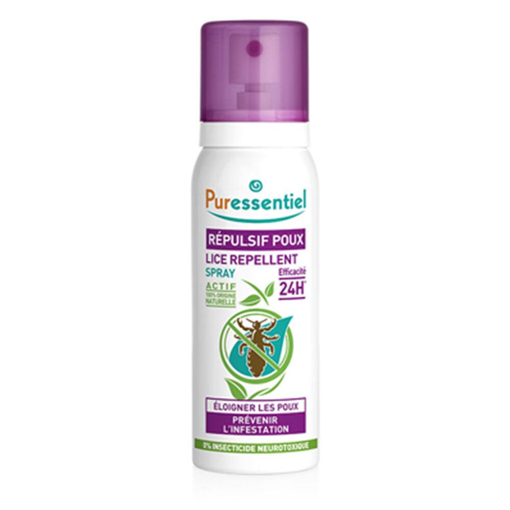 Wit sprayflesje met paarse dop. Opschrift: Répulsif Poux, Lice Repellent Spray. Logo: blad en insect.