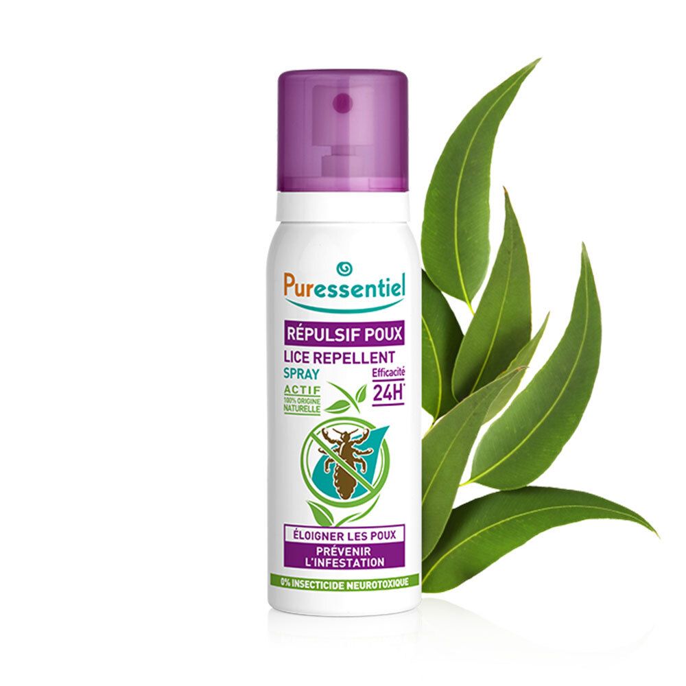 Wit sprayflesje met paarse dop. Opschrift: Répulsif Poux, Lice Repellent Spray. Logo: blad en insect. Eucalypt bladeren.