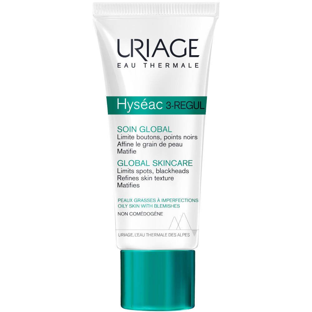 Witte tube met groene dop. Opschrift Uriage, Hyséac 3-Regul. Tekst: SOIN GLOBAL, GLOBAL SKINCARE. Voor onzuivere huid.