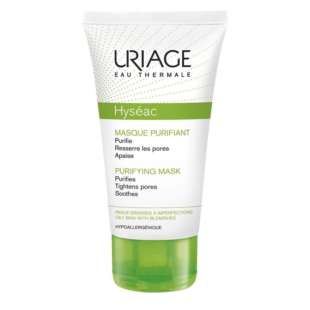 Tube blanc et vert. Uriage Hyséac Masque Purifiant. Texte: Purifie, resserre les pores, apaise. Hypoallergénique.