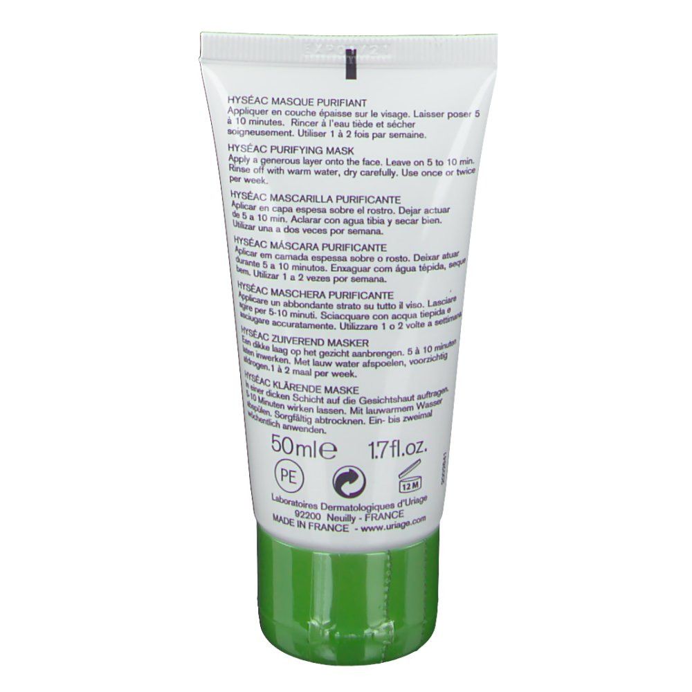 Dos du tube. Uriage Hyséac Masque Purifiant. Texte: utilisation, ingrédients. Bouchon vert. 50ml.