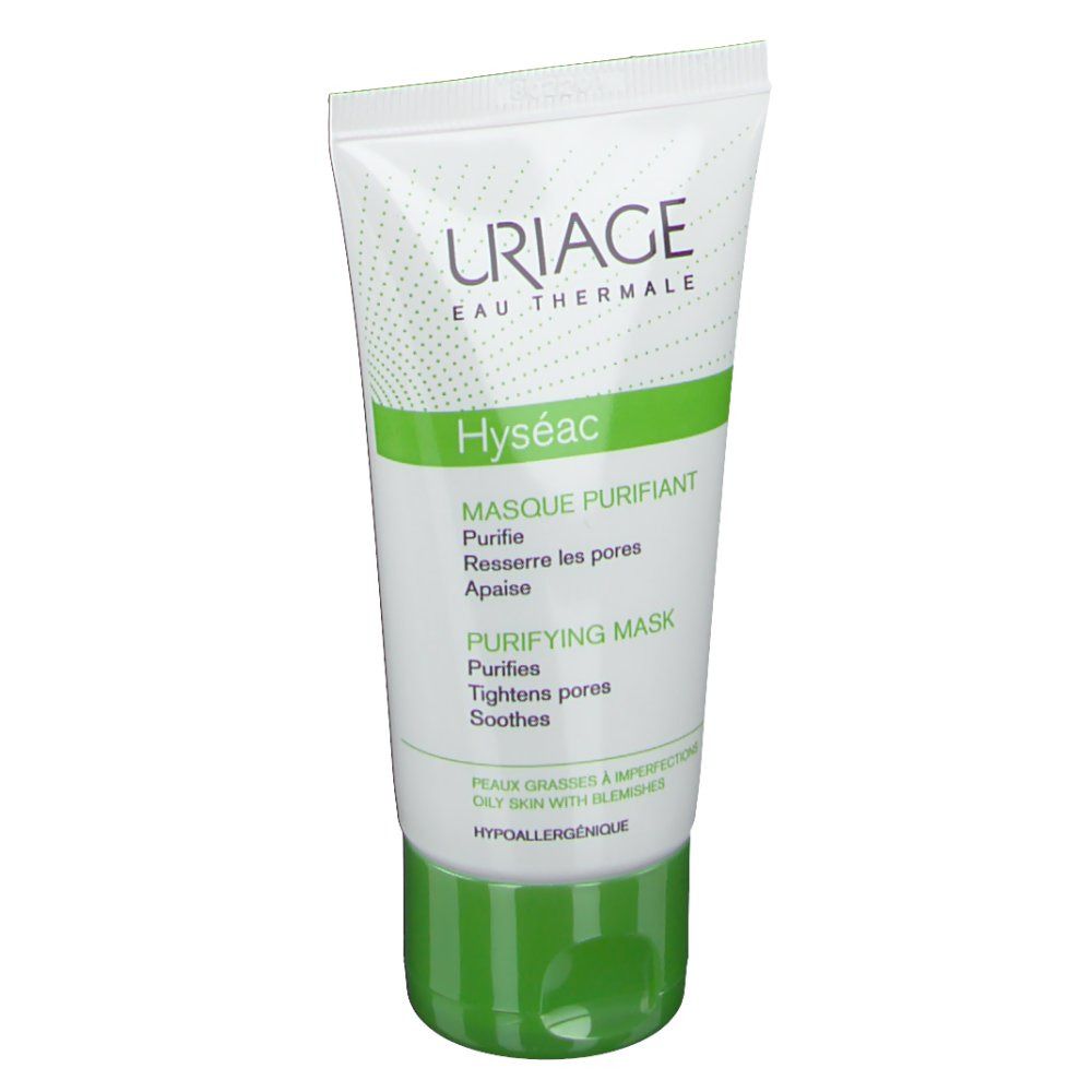 Tube blanc et vert. Uriage Hyséac Masque Purifiant. Texte: Purifie, resserre les pores, apaise. Hypoallergénique.