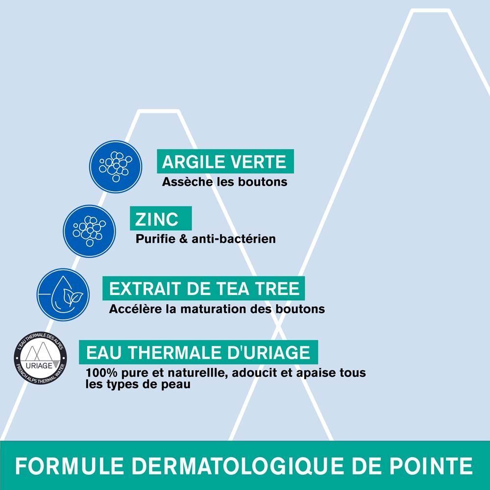 Pot de crème à couvercle bleu. Inscription : URIAGE, Hyséac, Pâte SOS. Récipient blanc avec texte vert.