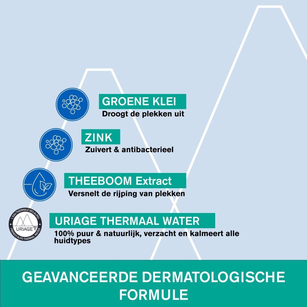 Crèmepot met blauw deksel. Opschrift: URIAGE, Hyséac, Pâte SOS. Witte pot met groene tekst.