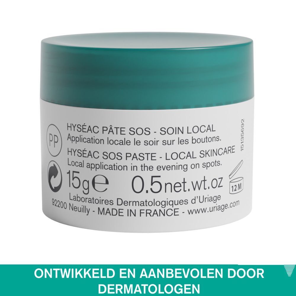 Crèmepot met blauw deksel. Opschrift: URIAGE, Hyséac, Pâte SOS. Witte pot met groene tekst.