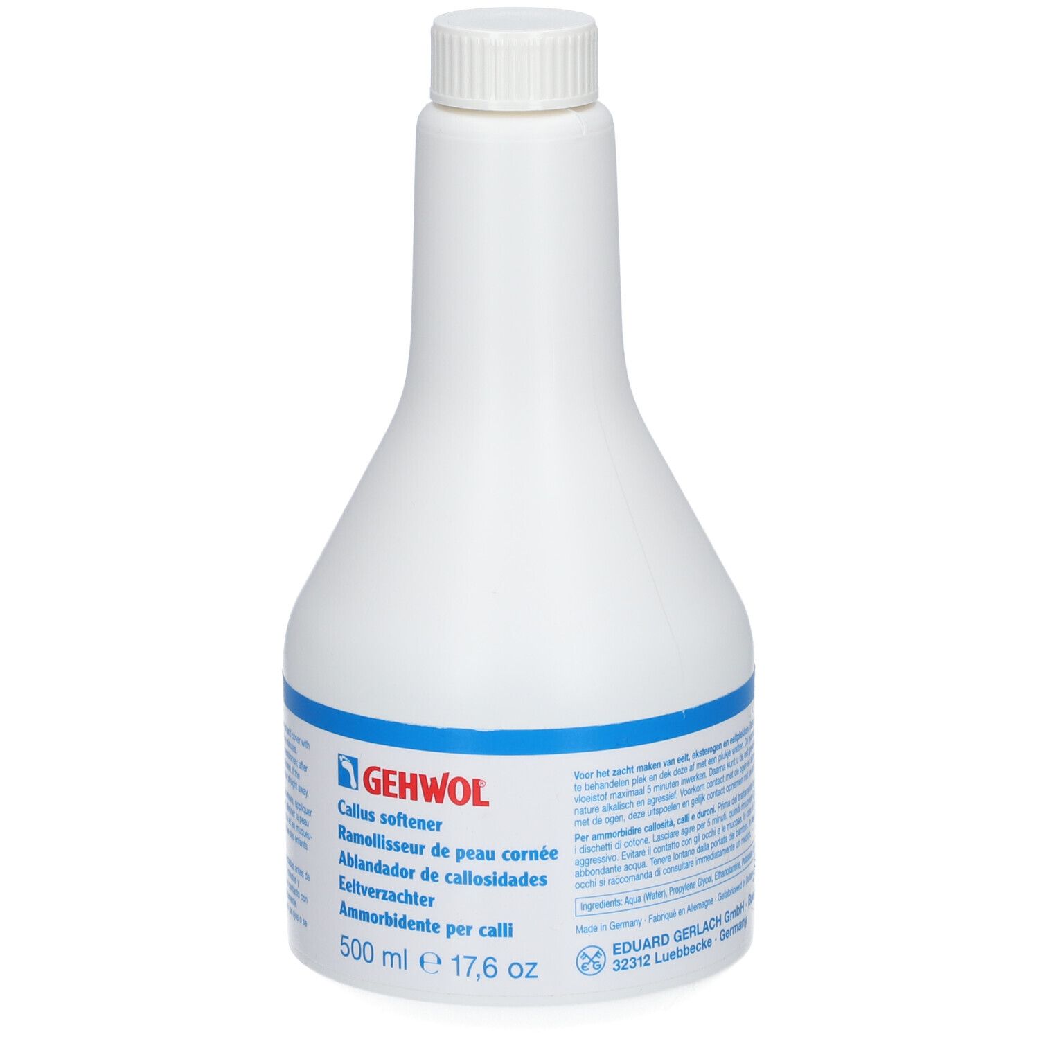 Flacon blanc avec étiquette bleue. Inscription : GEHWOL, Callus softener, 500 ml.