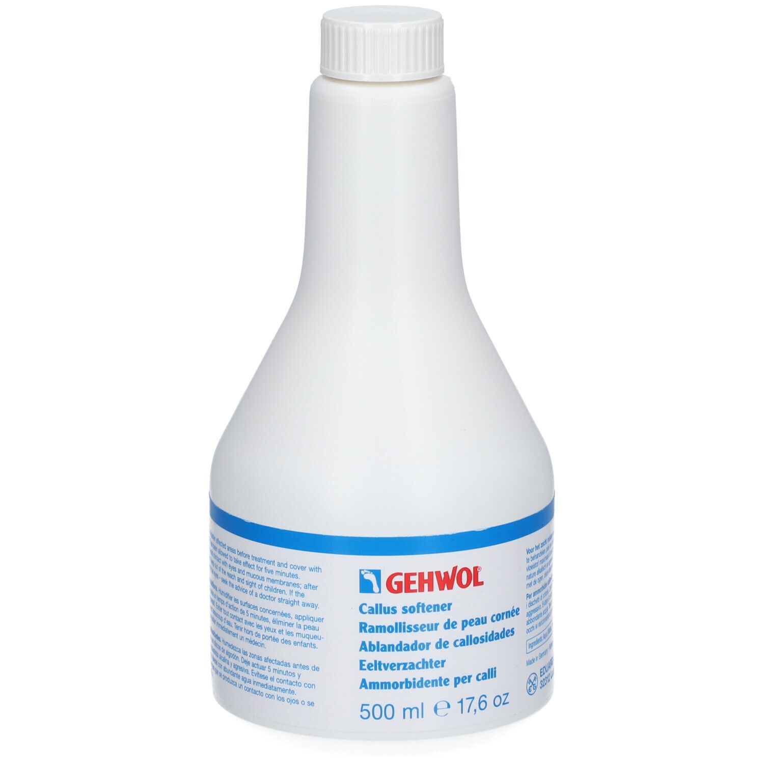 Flacon blanc avec étiquette bleue. Inscription : GEHWOL, Callus softener, 500 ml.